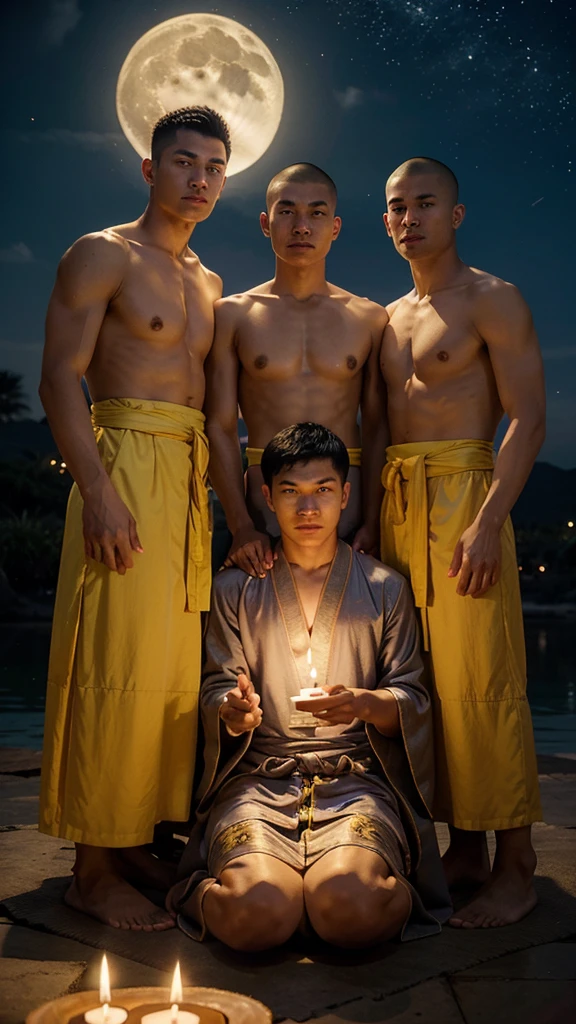 Three 23-year-old young men wore robes as in Thailand. The three monks were of Chinese descent, meditating, wearing modest robes but not wearing angsa. Has clear muscles, white skin, and a handsome face. Beaming Three people with freshly shaved heads and eyebrows sat caressing large yellow candles. The candles had beautiful Thai patterns. The backdrop was at night. There is a full moon floating in the middle of the sky with twinkling stars. Realistic picture.