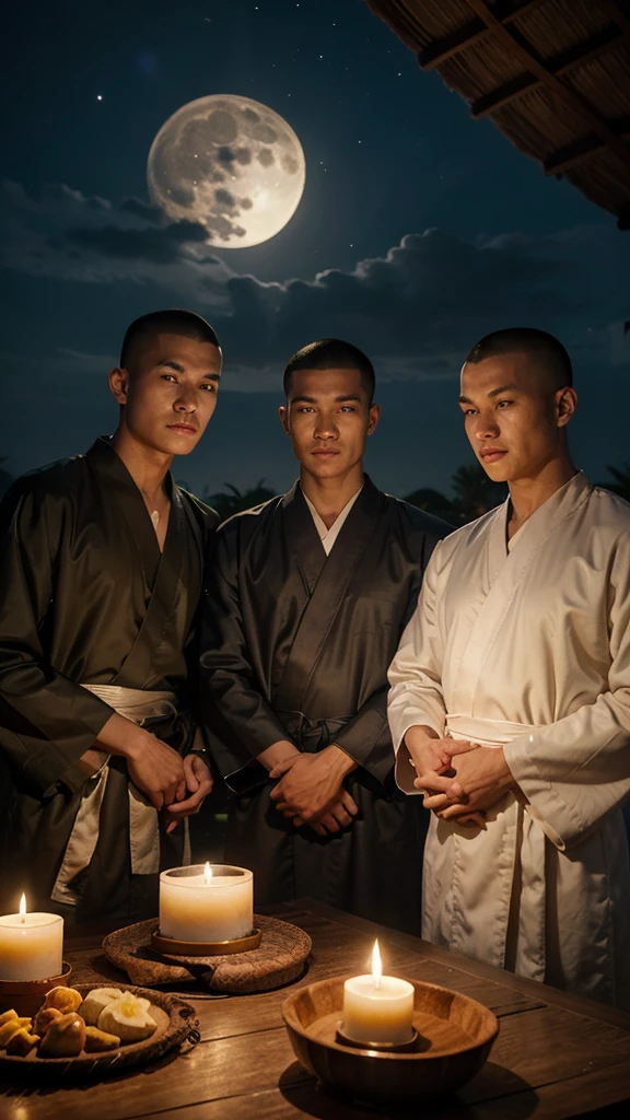 Three 23-year-old young men wore robes as in Thailand. The three monks were of Chinese descent, meditating, wearing modest robes but not wearing angsa. Has clear muscles, white skin, and a handsome face. Beaming Three people with freshly shaved heads and eyebrows sat caressing large yellow candles. The candles had beautiful Thai patterns. The backdrop was at night. There is a full moon floating in the middle of the sky with twinkling stars. Realistic picture.