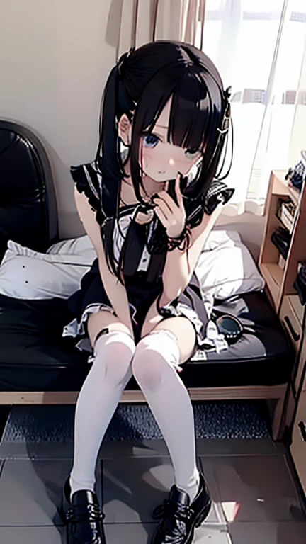 (Highest quality), (masterpiece), 1080P, High resolution, 4K, 8k, Thigh straps, Shooting from directly below, The woman on top of me, Nipples, 白いSweat, Covered , Sweat, Woman looking down, Micro Bikini, Skirt swimsuit, Thigh-high socks, To achieve this, , Small breasts, whole body, Black leather shoes, Braided hair, Inner Color, Embarrassed face, Short black hair, bracelet, Bedroom