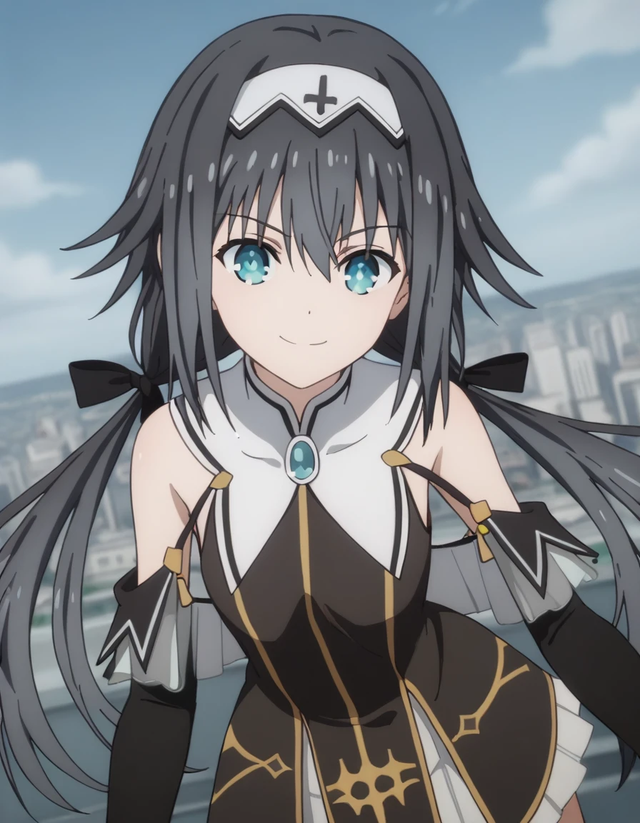 score_9, score_8_up, score_7_up, source_anime, nibelcole, nibelcole, long hair, blue eyes, black hair, hair between eyes, twintails, very long hair, hairband, low twintails, white hairband, skirt, detached sleeves, sleeveless, white skirt, black sleeves, cityscape, bent over, smile, looking at viewer, solo, cowboy shot, dutch angle,clothes off, clothes removed,striptease,nsfw