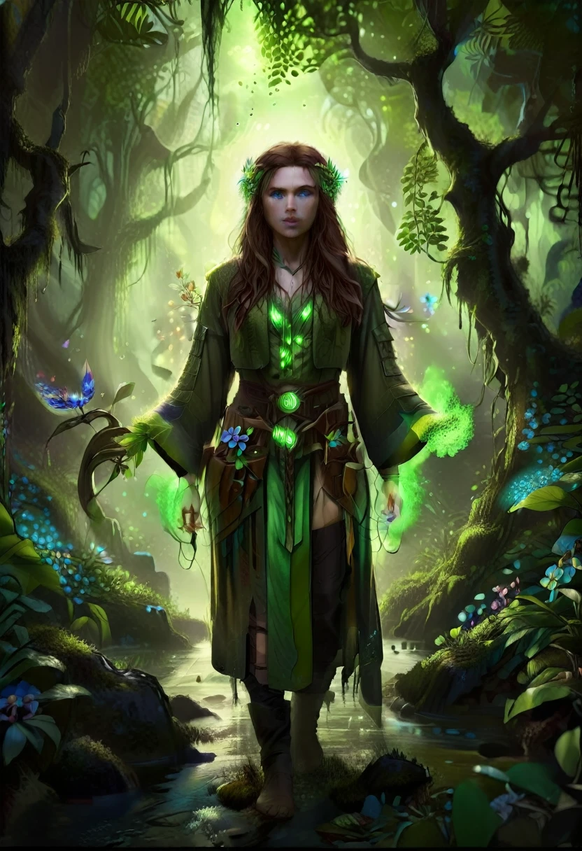  a picture of a druid in her jungle cove, an exotic, most beautiful human druid, priest of nature, warden of the wild of the jungle, full body, ((anatomically correct: 1.5)) long hair, wild hair, dynamic hair color, flowers and leaves in her hair, wearing a ((green robe: 1.3)), intricate robe, with flowers on it,  small cleavage, high boots, eyes glowing with magic, she protects her jungle grove, many old (cacao trees: 1.3), orchids trees, heliconia flowers, some wild life, a (stream of water: 1.3), fantasy art, vibrant, Ultra-high resolution, High Contrast, (masterpiece:1.5), highest quality, Best aesthetics), best details, best quality, highres, ultra wide angle, 16k, [ultra detailed], masterpiece, best quality, (extremely detailed) RAW, GlowingRunes_green DruidMagicAI