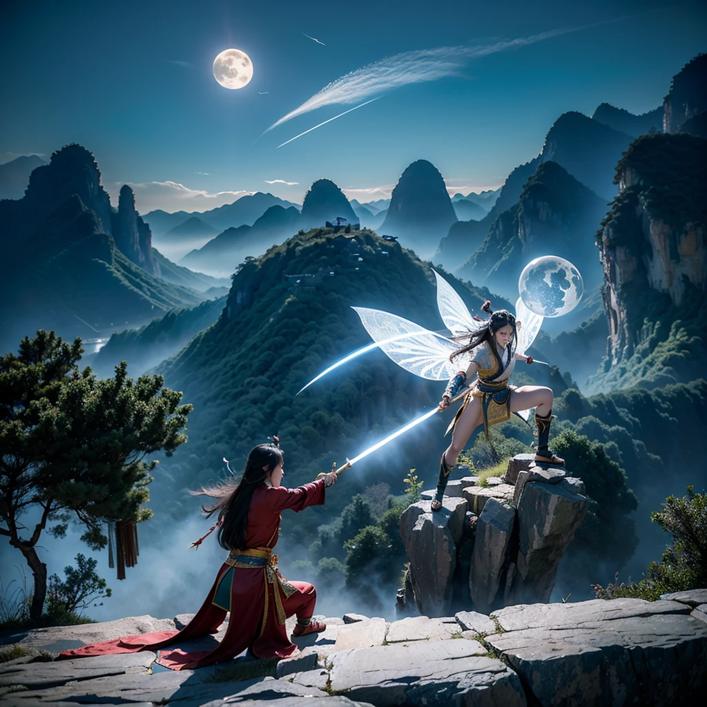 The creation of the Chinese Classic of Mountains and Seas style is like the puppet show characters in TV movies, Hollywood fight scenes, Hanfu martial arts drama, six major characters appearing with glowing bodies, super congenital people, six people, six roles, six duels, meditating, and killing in the stunning martial arts world. image, This sword, halberd, tactics, spells, magic art, flying around requires a fantasy fairy-like duel with lighting scenes, a battle of no return, Swordsman, Tianlong, Eight Parts, Legend of the Condor Heroes, The Legend of the Condor Heroes, Full Moon Scimitar, Thunderbolt International Multimedia Tianyu International Multimedia Gods and Demons International Multimedia Zheng Wen Style Ink Comics