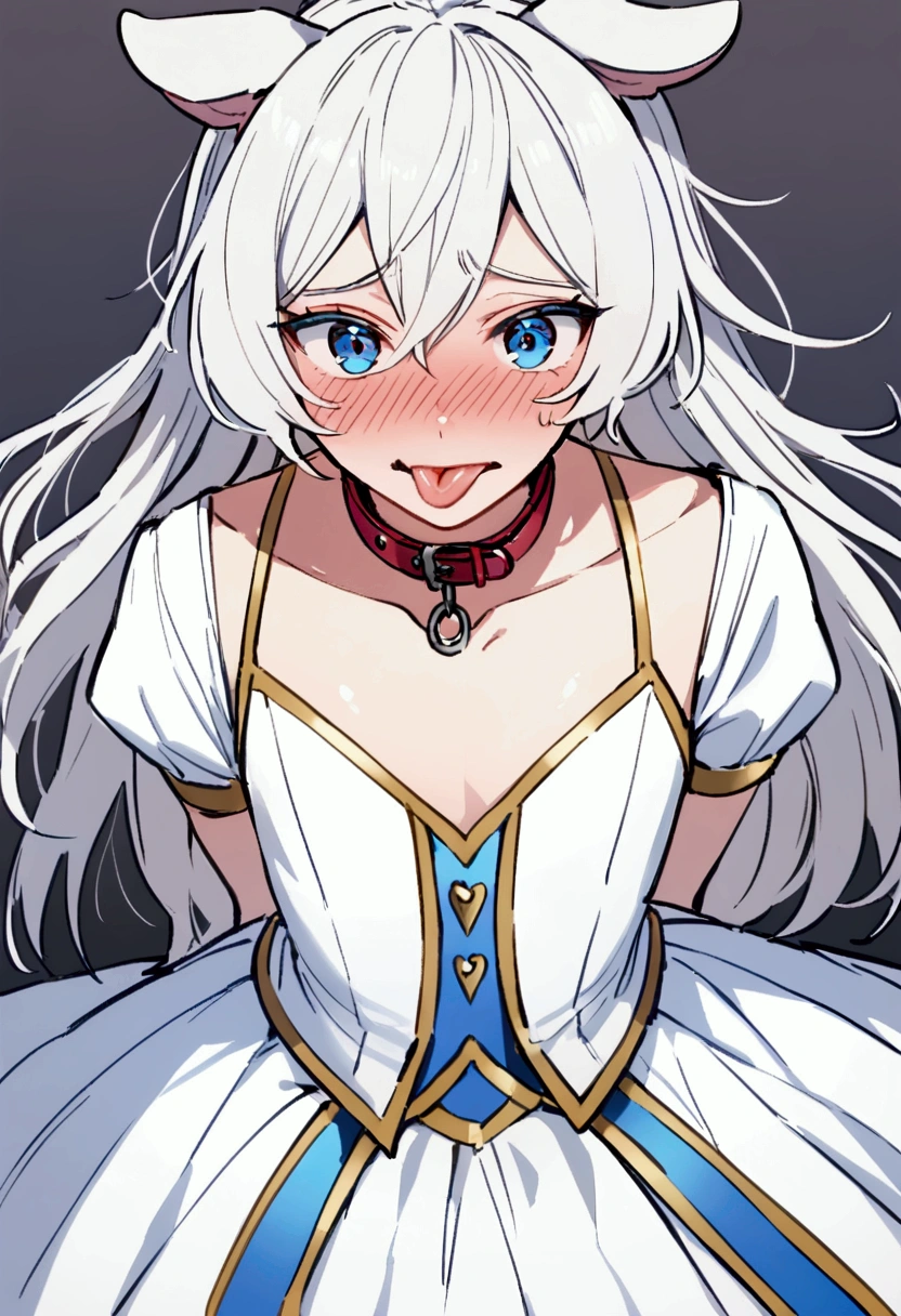 young teenage man, White hair, Blue eyes, crossdressing, Wearing a dog collar, dog ears, Stick out tongue, embarrassed, prince dress