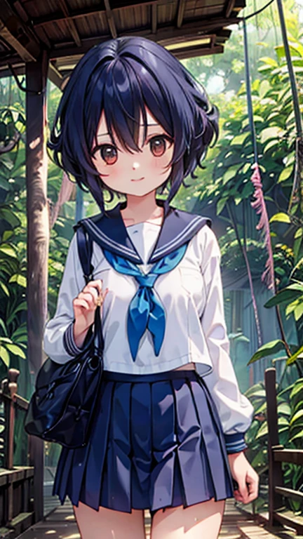 A Girl,(jungle:1.5),(Adventurer girl exploring the jungle),Deep in the Jungle,smiling,school Sailor uniform