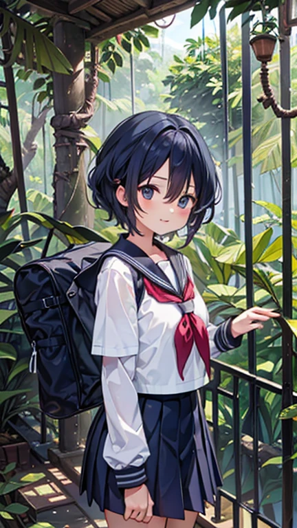 A Girl,(jungle:1.5),(Adventurer girl exploring the jungle),Deep in the Jungle,smiling,school Sailor uniform