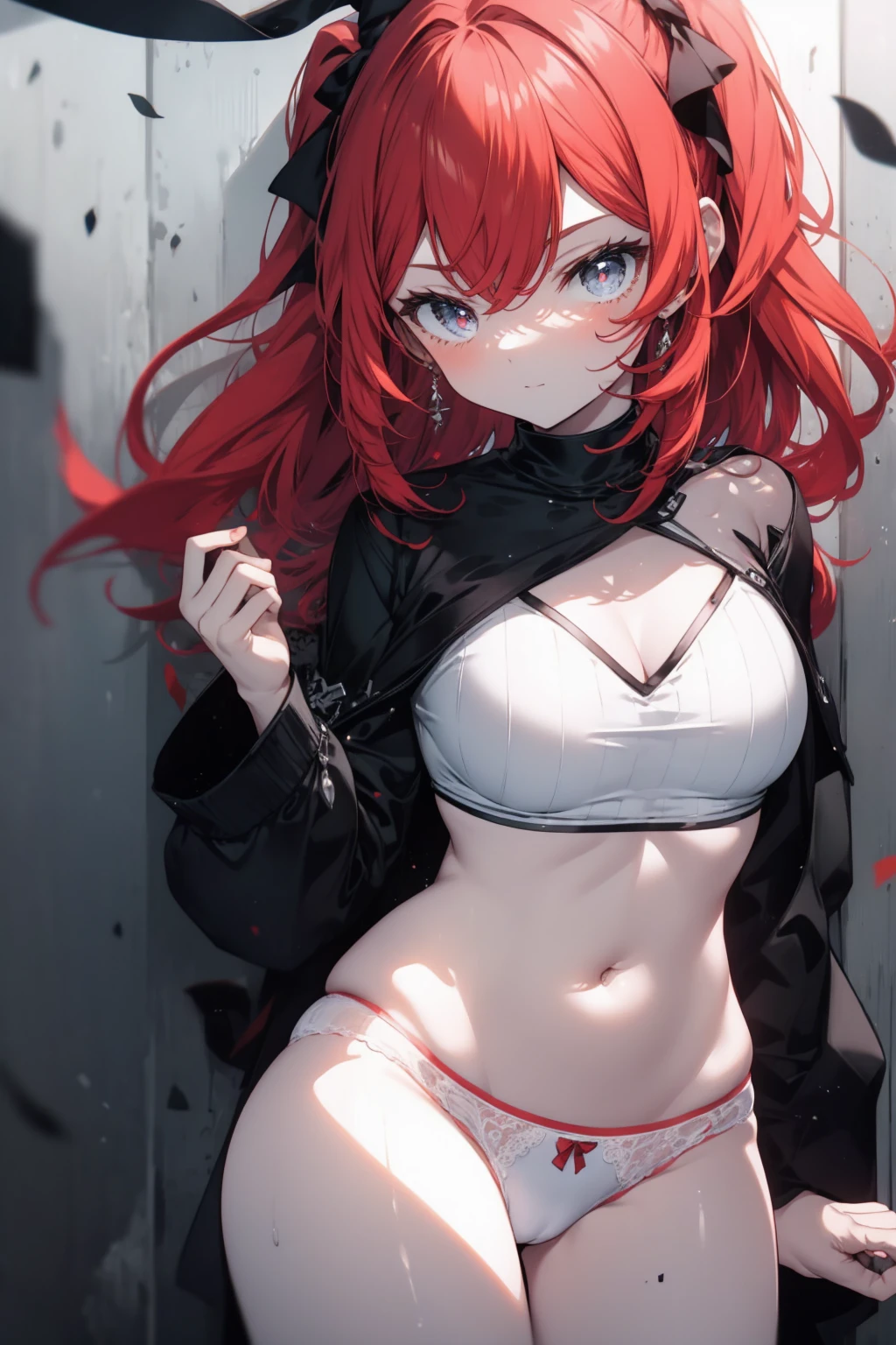 anime girl red hair, raising his black lack, showing her white underwear