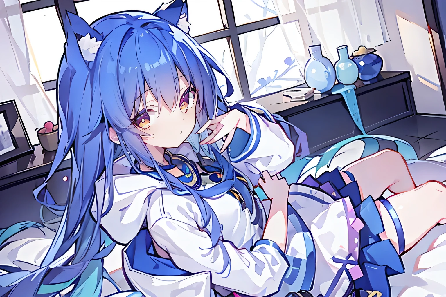 （masterpiece：1.2），Super detailed，lifelike，Expressive eyes，fair skin，perfect face shape，1 girl，
Japanese comics,Gorgeous blue hair,flowing blue hair,flowing clothes,Cat ears,Petals fall,beautiful lola,Baby Angel,
Shaking head with one hand，Cross your legs，Gentle and peaceful background，The pavilion is cool and comfortable,smile, wearing hoodie, In front of the window,snowing
