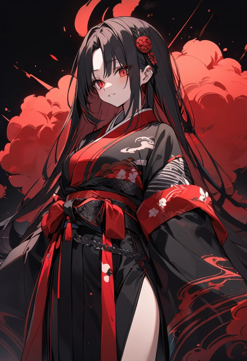 Girl with red cloud motif,Pitch black background,Cyber Kimono