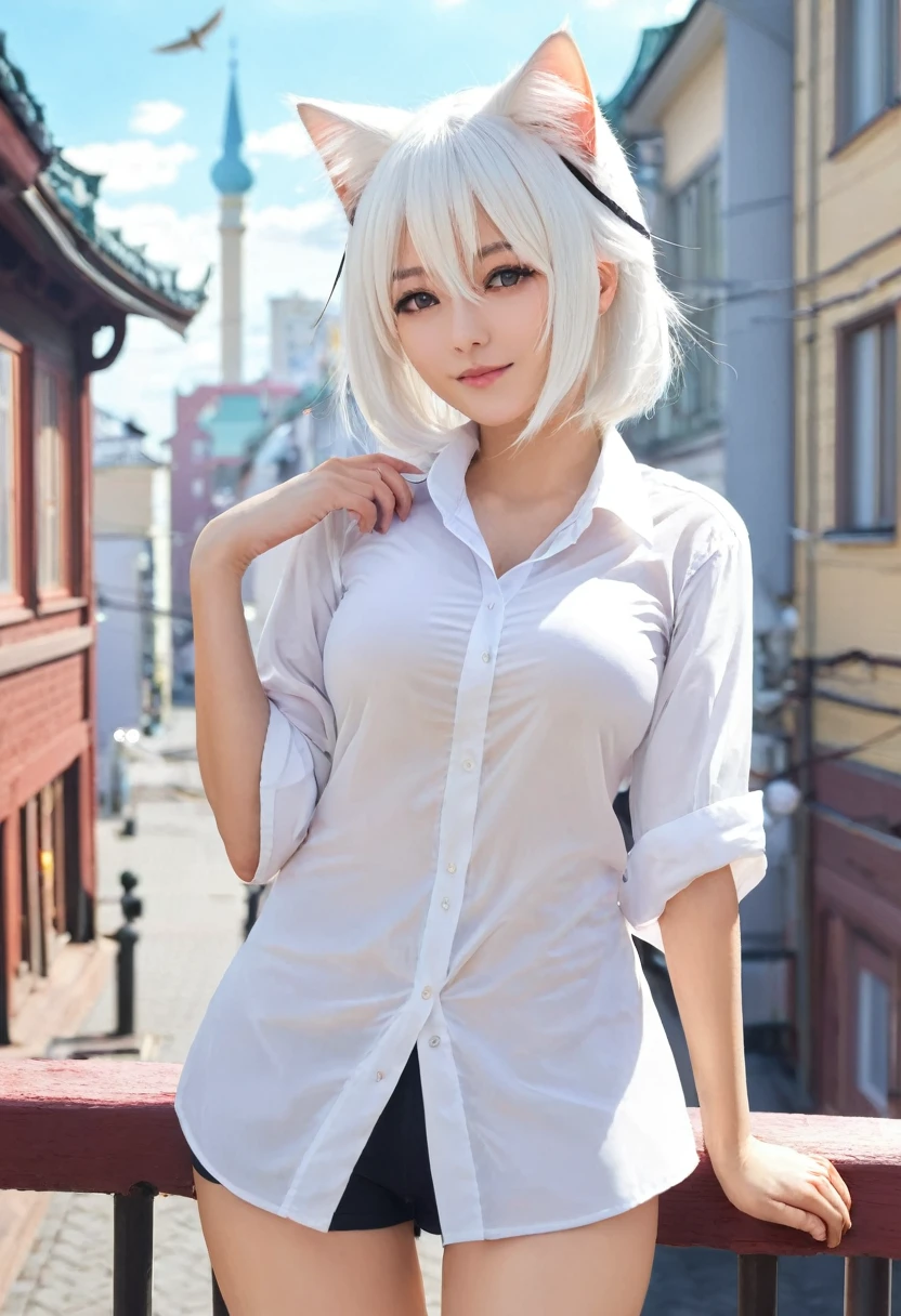 1girl, ebenya, looking at viewer, white hair, neko, cat ears, cat tail, white shirt, open clothes, russian city, ba-shiroko