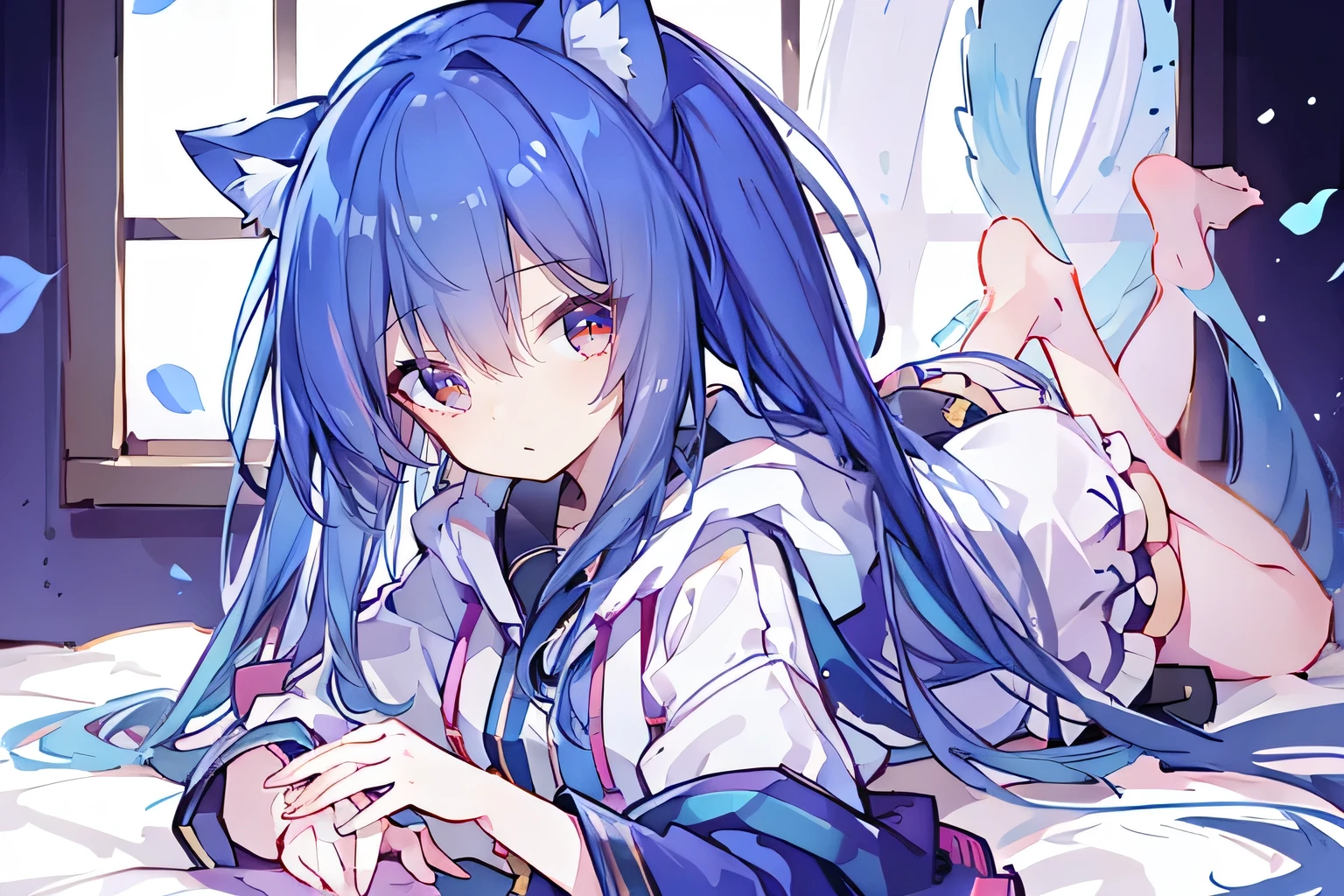 (masterpiece:1.2),Super detailed,lifelike,Expressive eyes,fair skin,perfect face shape,1 girl,
Japanese comics,Gorgeous blue hair,flowing blue hair,flowing clothes,Cat ears,Petals fall,beautiful lola,Baby Angel,
Shaking head with one hand,Cross your legs,Gentle and peaceful background,The pavilion is cool and comfortable,smile, wearing hoodie, In front of the window,snowing