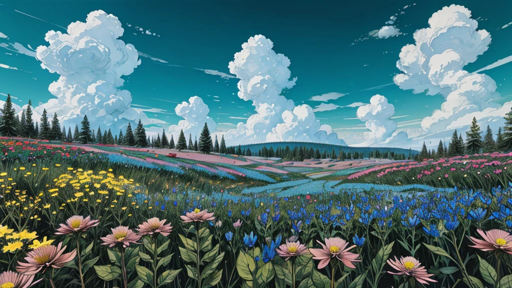 magic forest, flowers, blue sky, clouds