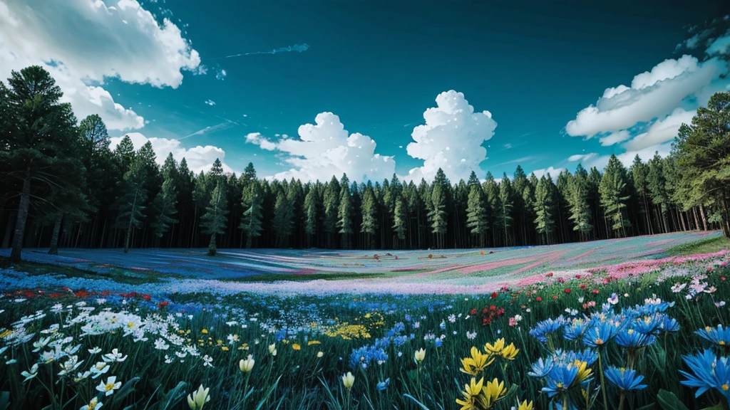 magic forest, flowers, blue sky, clouds