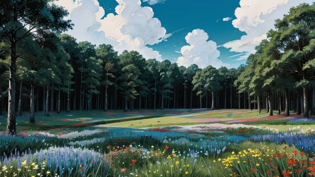 magic forest, flowers, blue sky, clouds
