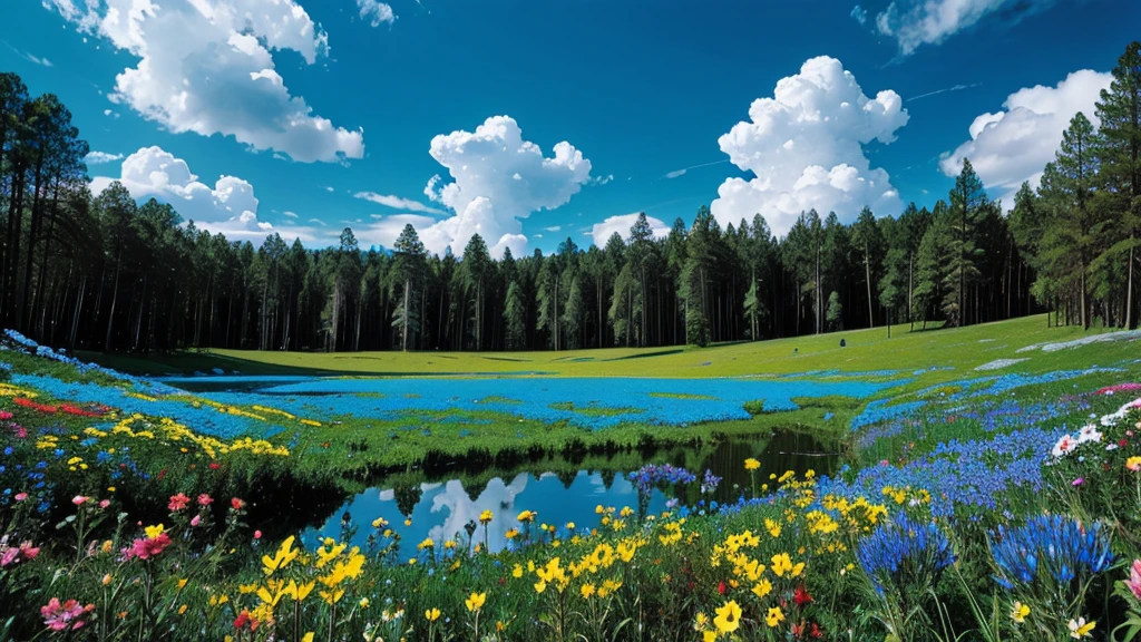 magic forest, flowers, blue sky, clouds