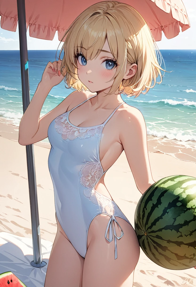One girl, blonde short hair, wearing a swimsuit ,Watermelon split on the beach,(((masterpiece))), (((best quality))), ((ultra-detailed)), (illustration), (detailed light),((an extremely delicate and beautiful)),(beautiful detailed eyes),
