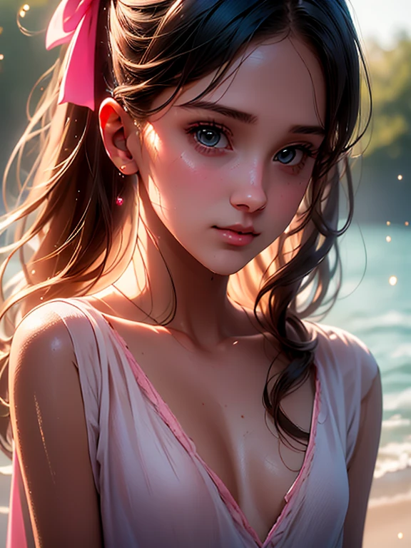  anime girl in pink wet clothes, Realistic Shadows, Detailed skin, Very small breasts, Black hair, Hair Ribbon, Very detailed, 8K highly detailed face, Perfect face shape, Perfect lips, Perfect nose, Correct beautiful eyes, Watching Viewer, masutepiece, Best Quality, Single Girl, No bra, No panties, Solo