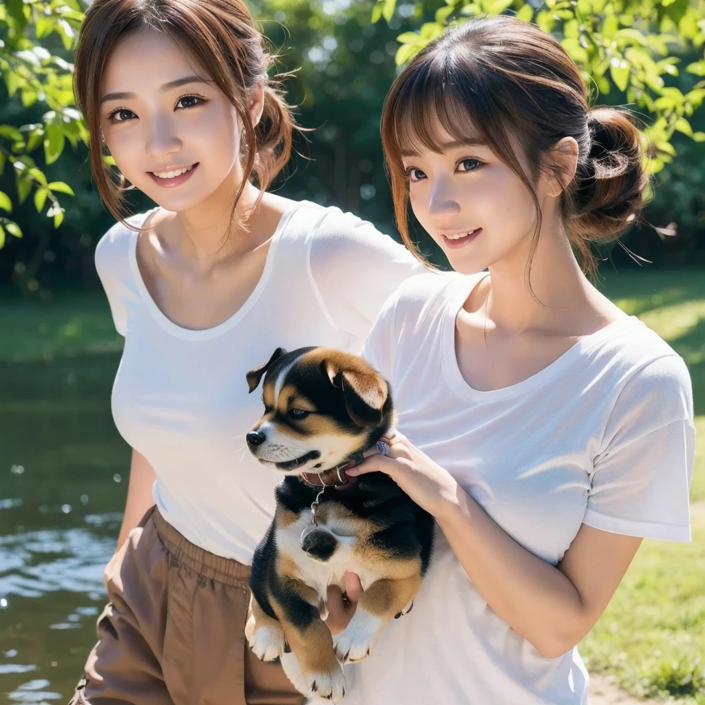 (Girl taking a walk with a puppy:1.3),(Shiba dog:1.3),Have a lead,Crystal clear water flows,beautiful mountain in background々,Very Big White T-Shirt,Cargo pants, gently smiling、(beautiful a girl)、(short hair of red-brown color、hair pin、poneyTail、Floating hair、)Colossal tits、A smile that beguiles the viewer、Look into the photographer、skin glistening with sweat、gazing at viewer,pointed red mouth,Perfect round face,,Proper body proportion,Intricate details,Very delicate and beautiful hair,photos realistic,Dreamy,Professional Lighting,realistic shadow,Beautiful hands,Beautiful fingers,Detailed finger features,Detailed arm functions,detailed clothes features,Detailed hair features,detailed facial features,(masutepiece,top-quality,Ultra-high resolution output image,) ,(The 8k quality,),(Image Mode Ultra HD,)