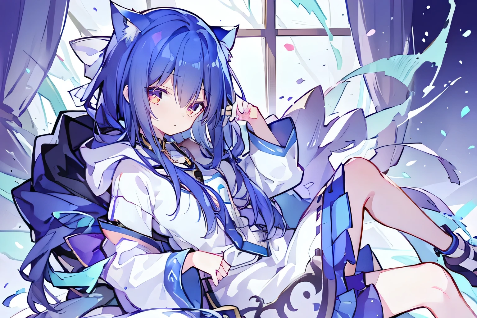 (masterpiece:1.2),Super detailed,lifelike,Expressive eyes,fair skin,perfect face shape,1 girl,
Japanese comics,Gorgeous blue hair,flowing blue hair,flowing clothes,Cat ears,Petals fall,beautiful lola,Baby Angel,
Shaking head with one hand,Cross your legs,Gentle and peaceful background,The pavilion is cool and comfortable,smile, wearing hoodie, In front of the window,snowing