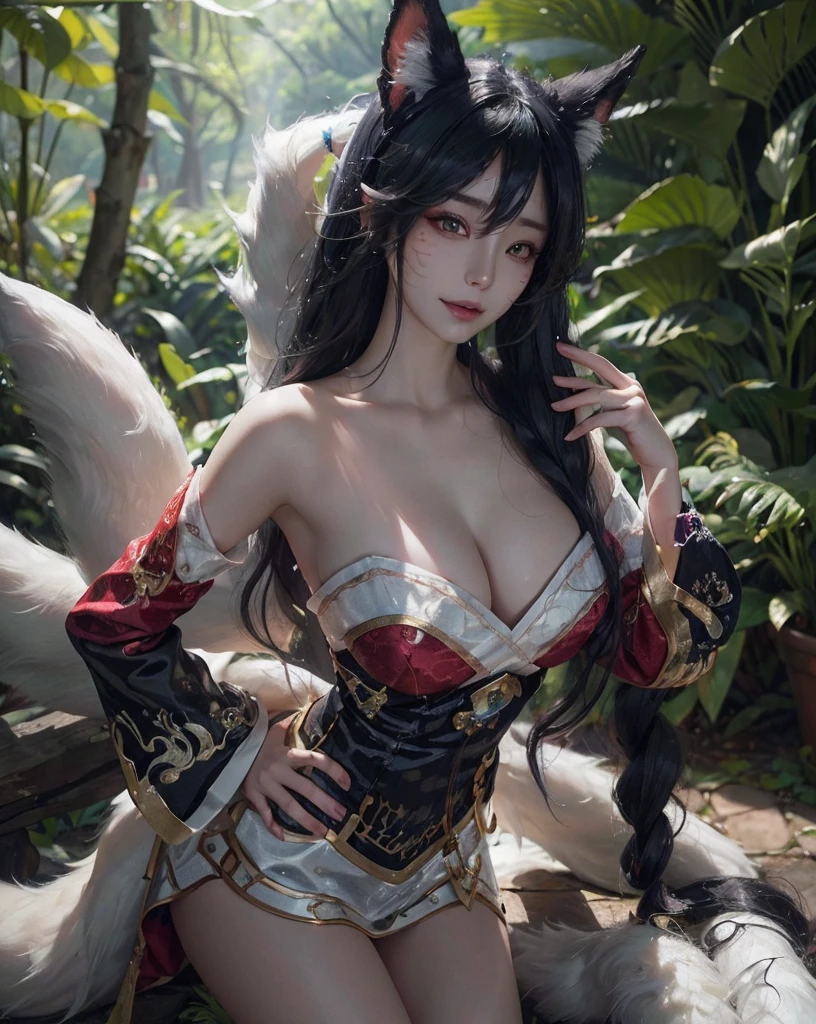 (mercy:1.2), (masterpiece, best quality, high resolution:1.4), detailed plot, intricate details, (realistic:1.4), 8k, uhd, 1 sister, (alone:1.4), (realistic 원시 사진), ((whole body)), realist, photorealistic, stood, (ari \(league of legends\):1.4), black hair color hair, long gray hair, realistic 눈, mouth, 붉은 색 mouth술, body, 완벽한 body매, big bust, perfect ass, Hip Up, fox ears, fox tail, Cute ears, whitetail, multiple tailed, yellow eyed, looking at viewer, face tag, smile, smile, natural, in forest, Touka, bubble, Rochas,), light, realistic light, light 추적,