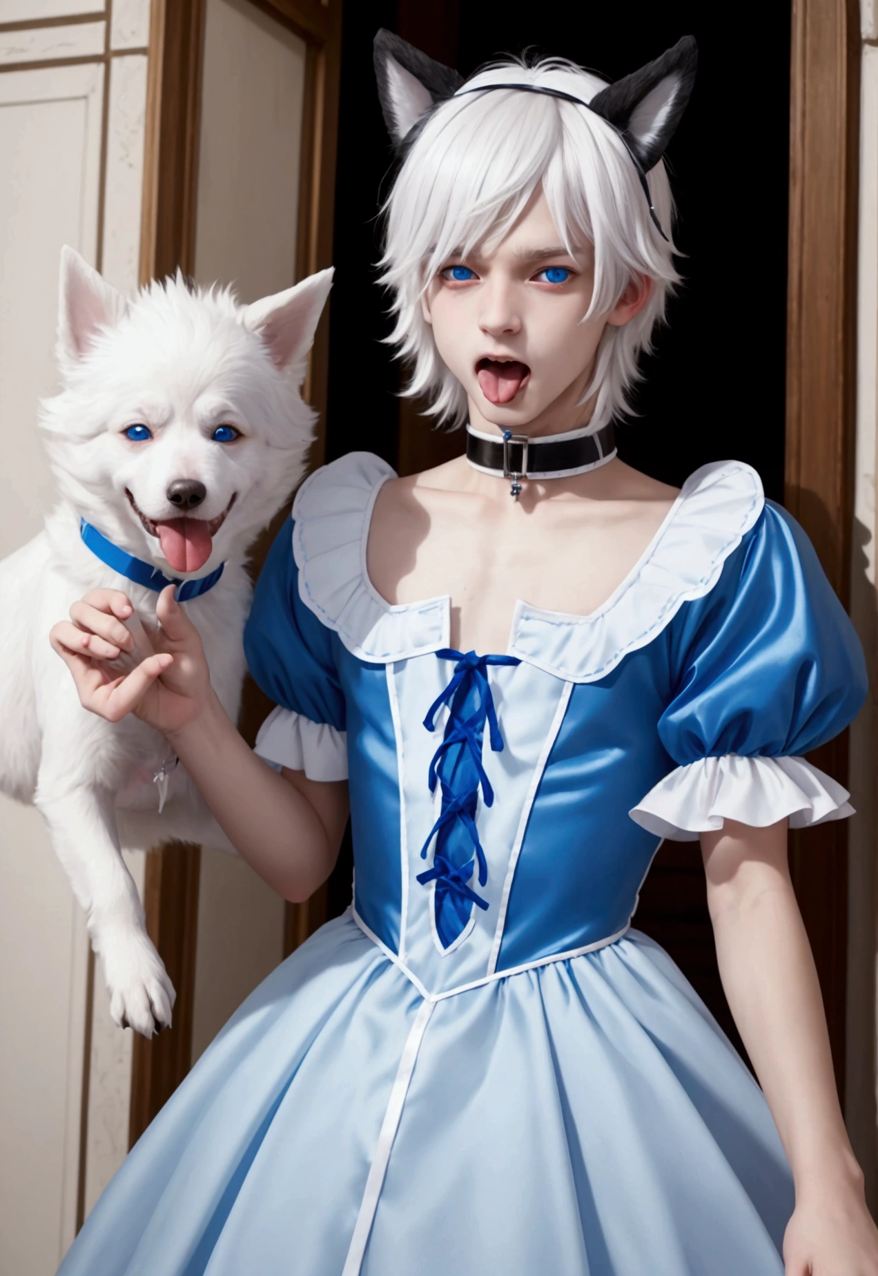 young  man, White hair, Blue eyes, crossdressing, Wearing a dog collar, dog ears, Stick out tongue, embarrassed, prince dress