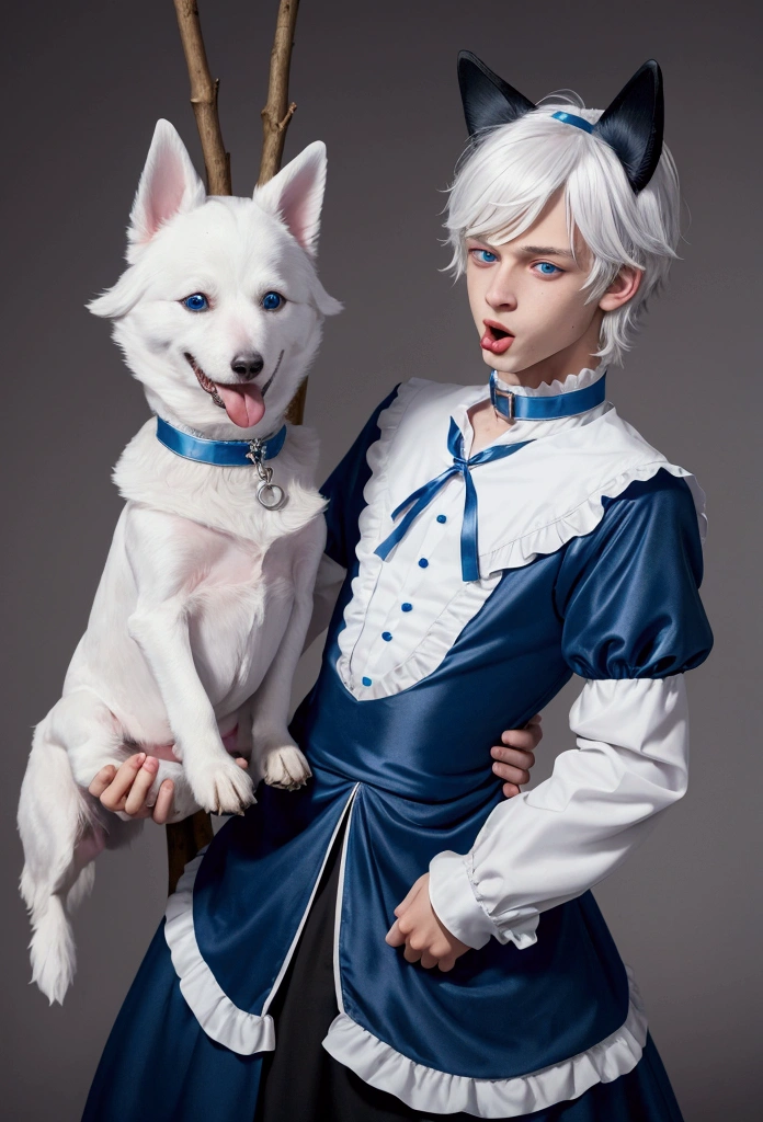 young teenage man, White hair, Blue eyes, crossdressing, Wearing a dog collar, dog ears, Stick out tongue, embarrassed, prince dress