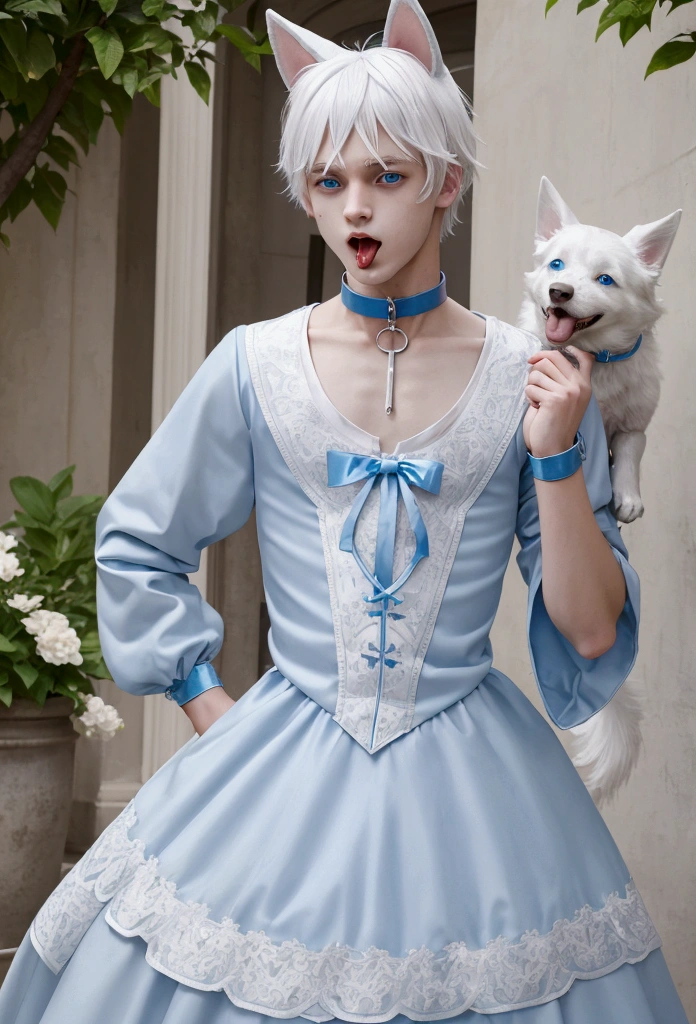 young teenage man, White hair, Blue eyes, crossdressing, Wearing a dog collar, dog ears, Stick out tongue, embarrassed, prince dress