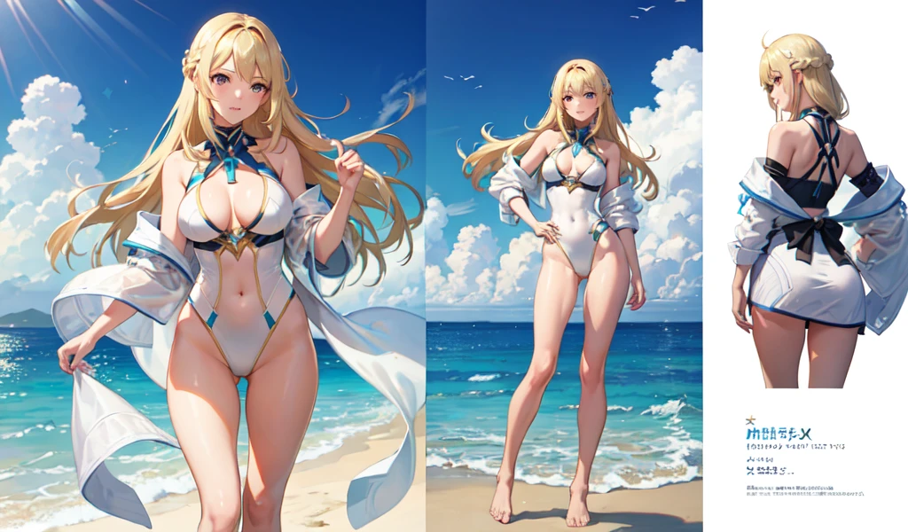 ((Highest quality)), ((masterpiece)), (detailed), One girl, ((masterpiece)), masterpiece, Centered, Concept Art, Provocative pose, One girl, Mithra \(Xenoblade\), Blonde, Long Hair, (sexy white swimsuit), sexy, Beach Background, A magnificent composition, Epic proportions, Volumetric lighting, High resolution