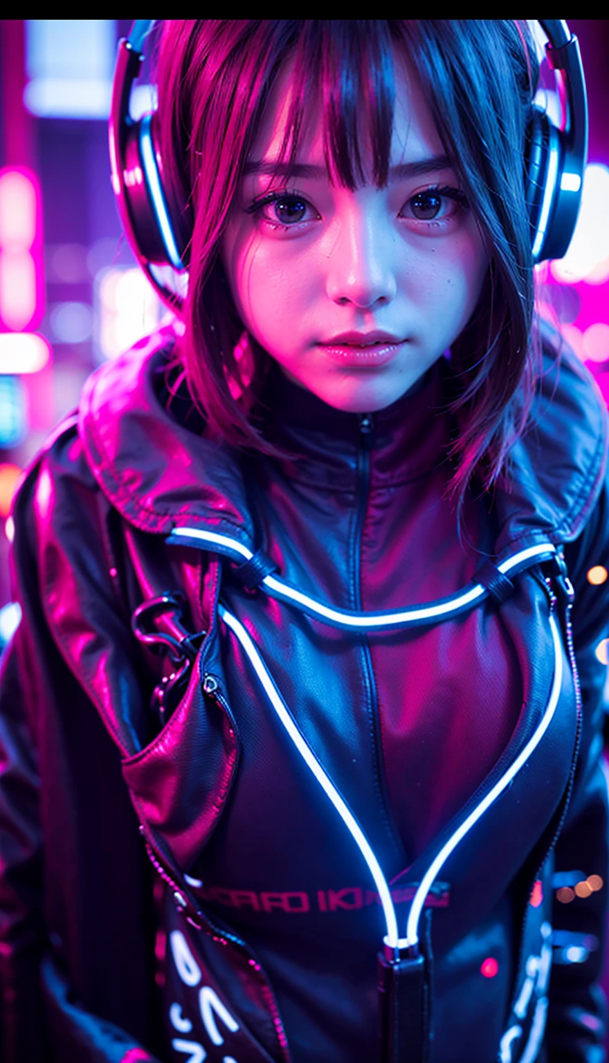 One girl, Tokyo Street,night, Cityscape,City lights,Upper Body,close,smile,, (8k, RAW Photos, Highest quality, masterpiece:1.2),(Realistic, photo-Realistic:1.37),Futuristic background,Neon decoration,Leather Suit,Big Breasts,Holding a gun,headphone