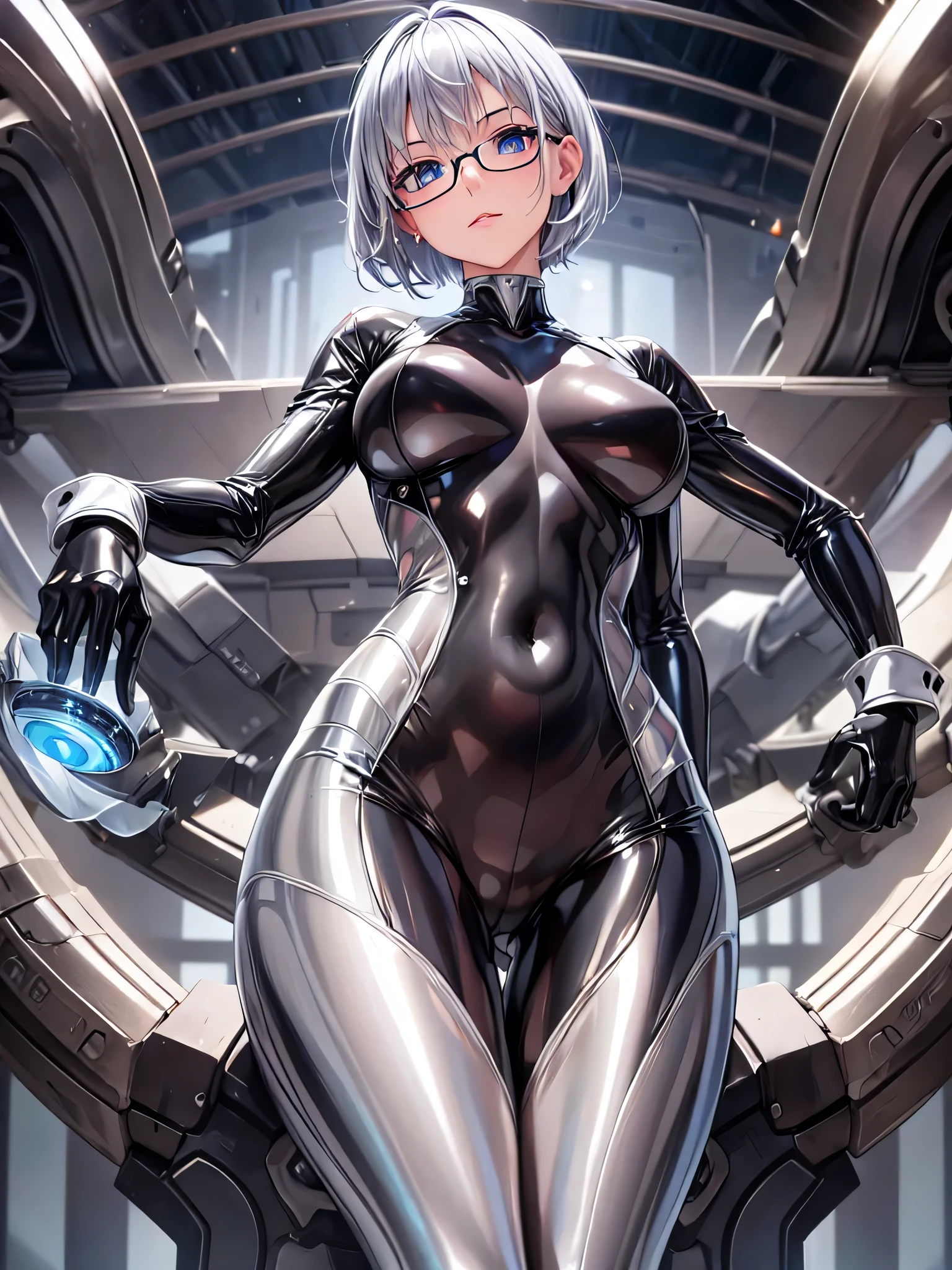 Highest quality 8K UHD、Mastepiece、Close-up、short hair、Blue Eyes、Silver Hair、Glasses、Leg spread、Angle from below、Beautiful woman wearing seamless full-body silver metallic suit、Seamless full body silver metallic rubber suit