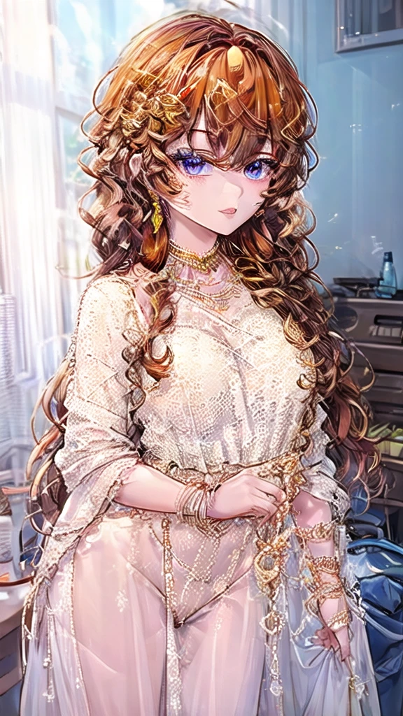  Artwork, best quality, high quality, ultra detailed, anime style, 1 girl, cute, beautiful skin, ((bright turquoise eyes)), ((orange eyelashes)), ((colorful eyelashes,)) ((orange hair)), ((long orange hair)),((long curly orange hair)), ((messy hair)), ((intricate hair)), ((messy hair)), ((colored eyelashes)), ((orange eyelashes)), revealing white dress