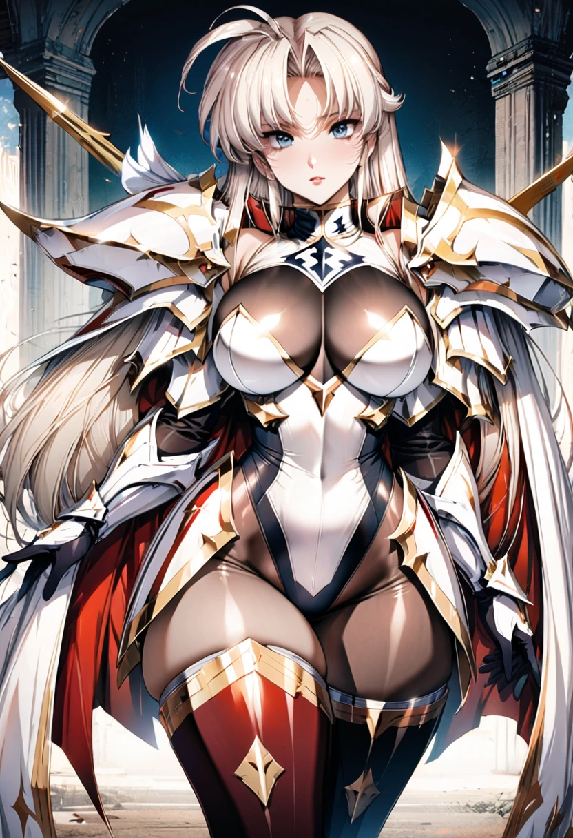 ((highest quality)), ((masterpiece)), ((hyperrealistic)), (detailed background), 1girl, ((curvy: 1.2)), perfect face, Langrisser, makeup, holding weapon, ((high neck racing leotard: 1.5)), ((catsuit)), ((white paladin armor: 1.3)), ((long skirt)), (cloak de cour), gauntlet, gloves, silver straight hair, ahoge, parted bangs, (huge breasts), (see-through cleavage cutout), (pantyhose thigh), (zettai ryouiki armored thigh high boots), beautiful eyes, Perfect hands, perfect fingers,