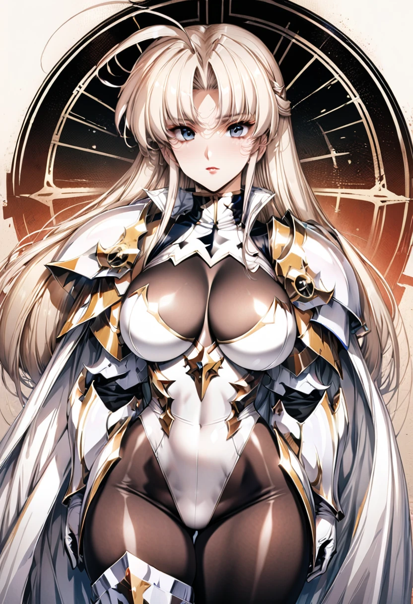 ((highest quality)), ((masterpiece)), ((hyperrealistic)), (detailed background), 1girl, ((curvy: 1.2)), perfect face, Langrisser, makeup, holding weapon, ((high neck racing leotard: 1.5)), ((catsuit)), ((white paladin armor: 1.3)), ((long skirt)), (cloak de cour), gauntlet, gloves, silver straight hair, ahoge, parted bangs, (huge breasts), (see-through cleavage cutout), (pantyhose thigh), (zettai ryouiki armored thigh high boots), beautiful eyes, Perfect hands, perfect fingers,