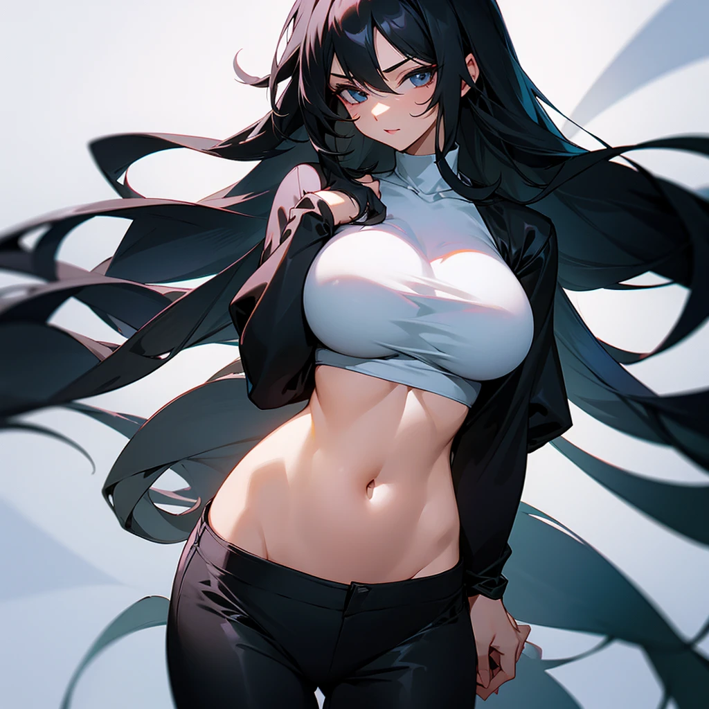 Female, large breasts, long black hair, white V-neck crop top. black pants