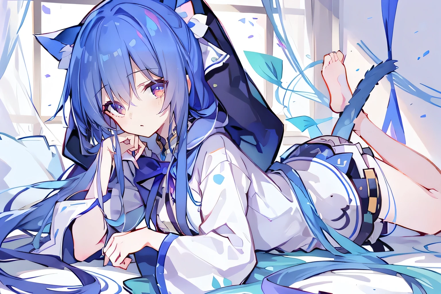 (masterpiece:1.2),Super detailed,lifelike,Expressive eyes,fair skin,perfect face shape,1 girl,
Japanese comics,Gorgeous blue hair,flowing blue hair,flowing clothes,Cat ears,Petals fall,beautiful lola,Baby Angel,
Shaking head with one hand,Cross your legs,Gentle and peaceful background,The pavilion is cool and comfortable,smile, wearing hoodie, In front of the window,snowing