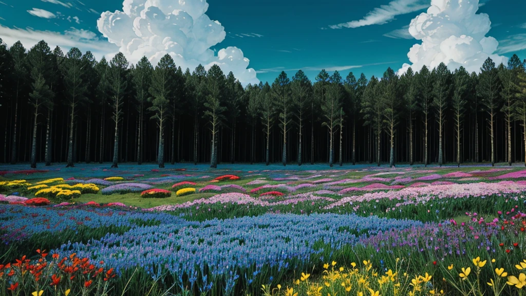 magic forest, flowers, blue sky, clouds