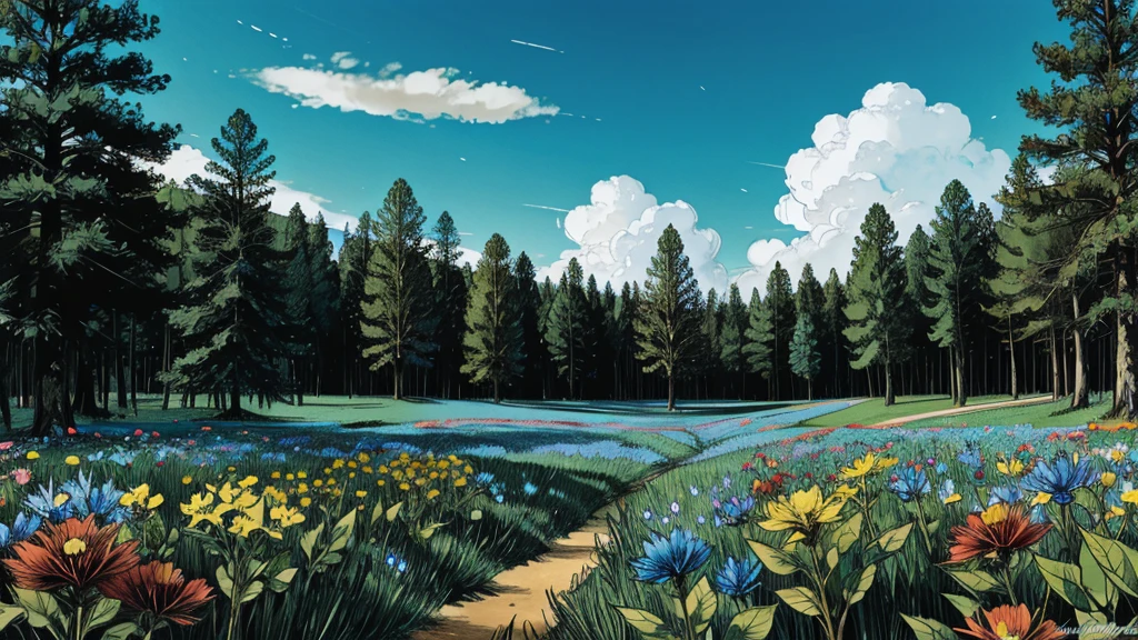 magic forest, flowers, blue sky, clouds