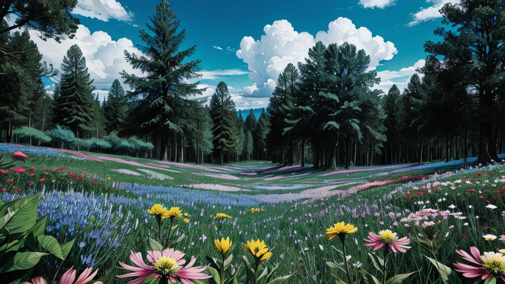 magic forest, flowers, blue sky, clouds