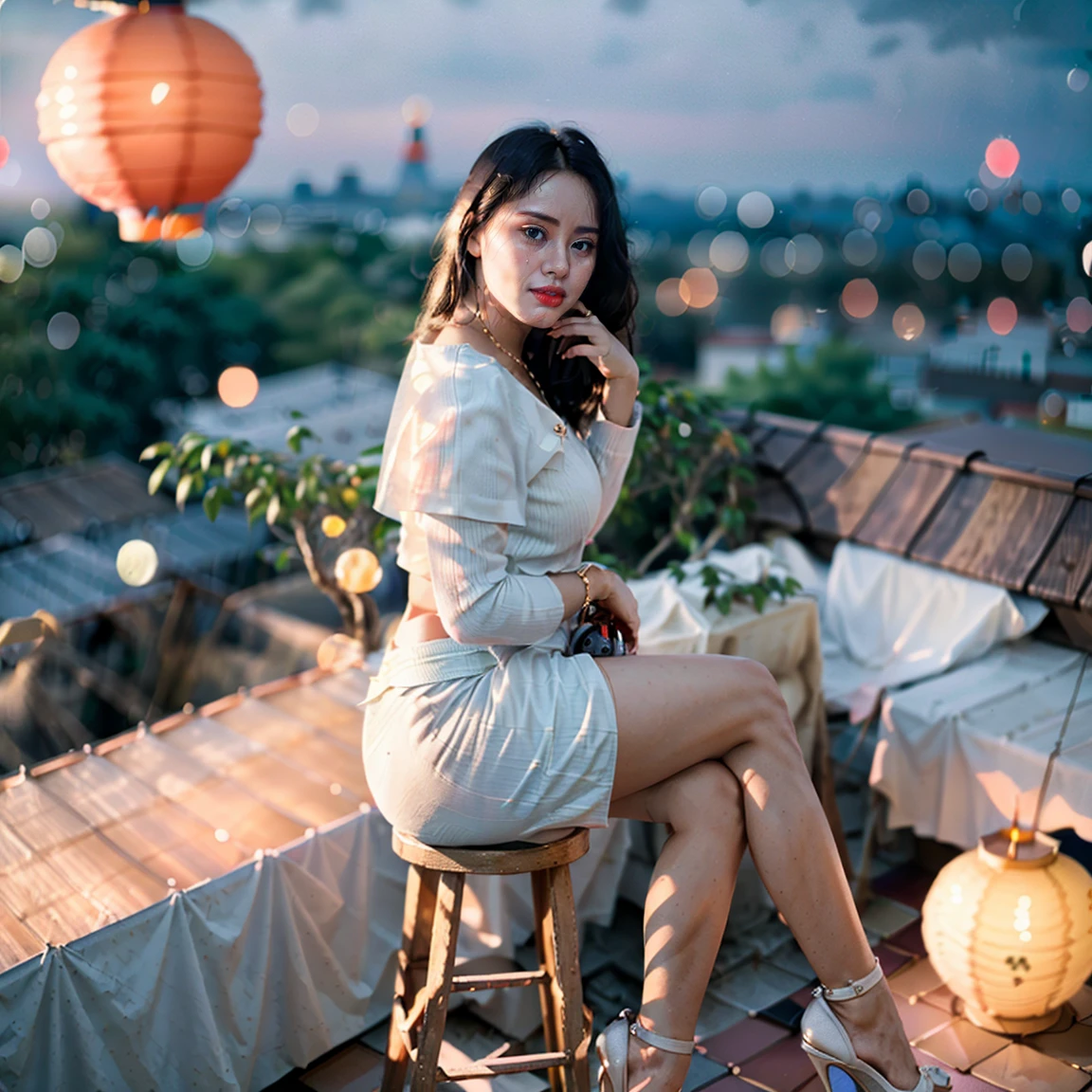 Burmese beautiful woman, 1 girl, solo, pretty lady MoonLay, innocent cute smile, red lips, (stylishly sitting on a stool and seductively gazing to the sky pose:1.5), smooth face skin, traditional beauty, cinematic portrait glow lighting, traditional dress, (white shirt:1.3), (red skirt:1.3), high heel, (full body view:2), (rooftop balcony with vibrant colorful hanging lanterns background:1.5), (cinematic bokeh blur background:1.5), (cinematic camera angle), cinematic lighting, perfect anatomy,