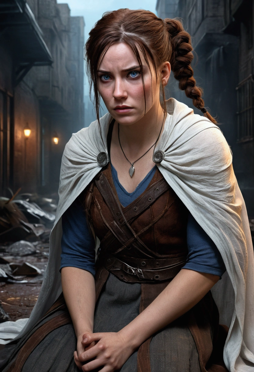 the cover depicts a white woman, she is being held by her hair, her head is thrown back, with blue eyes, with brown hair gathered in pigtails, her hairstyle is disheveled, a sad woman, a crying woman, in a dirty and torn white mesh cape, in torn tights, kilt skirt, sitting on the ground, stylized illustrations in urban fantasy style, realistic character concept, unrealistic character concept, cover for a new book, Abaddon and Magali Villeneuve, art cover, book cover concept, shadowrun character design, concept art for a video game