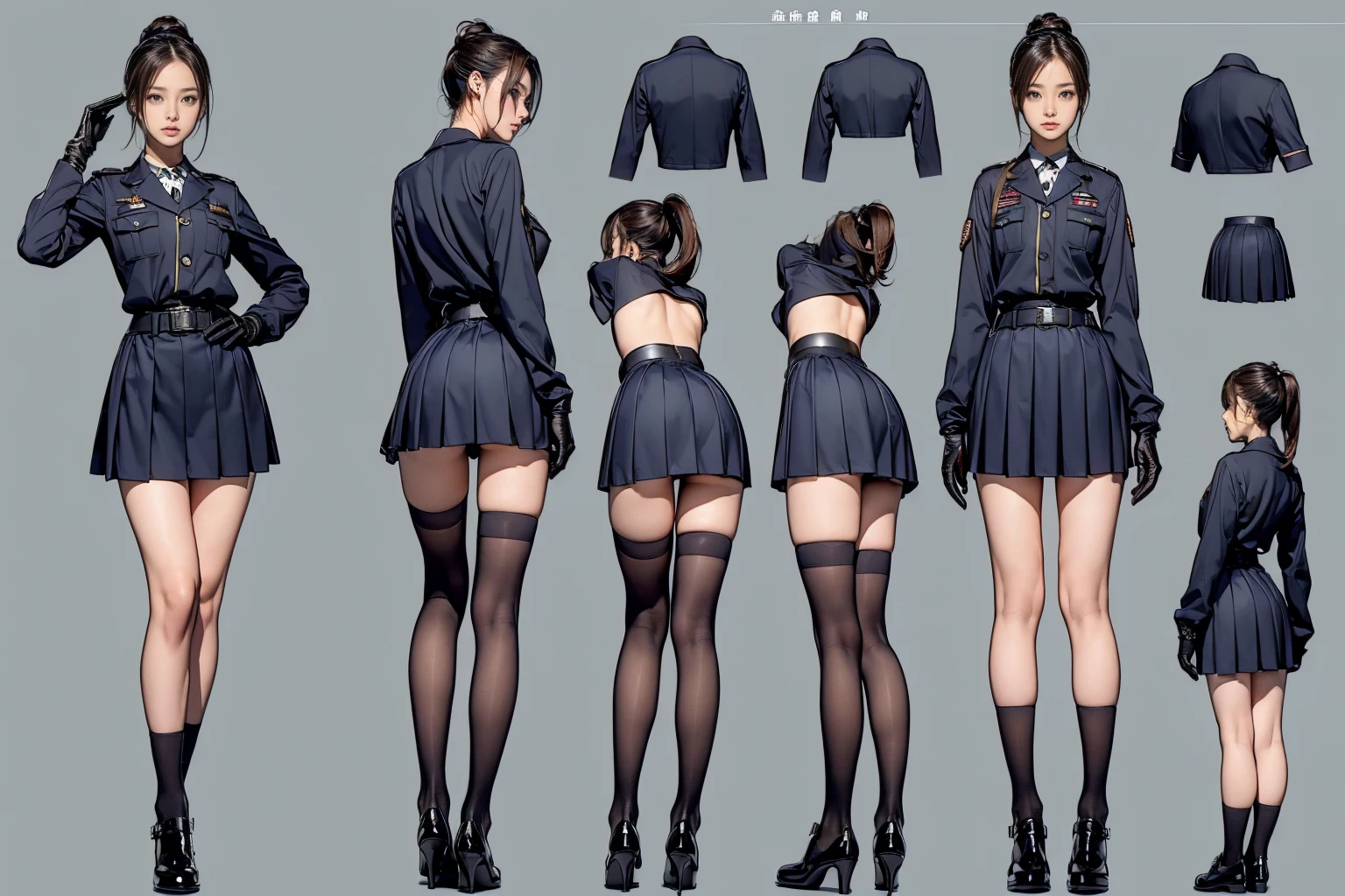 ((masterpiece)),(((Highest quality))),((Reference Sheet, Character Design, front, return, ~ ~ ~ side, Mr...々Hairstyle, Mr...々performance, Facial Expressions)), 14-year-old girl, Cute type, (Very slim:1.4), (Very small ass:1.4), Realistic buttocks, Big Breasts, Short Bob, Thin thighs, Long legs, It's not a big deal, ((gloves, uniform, mini skirt, army, army ,belt)), ((Browsing Caution:1.1))