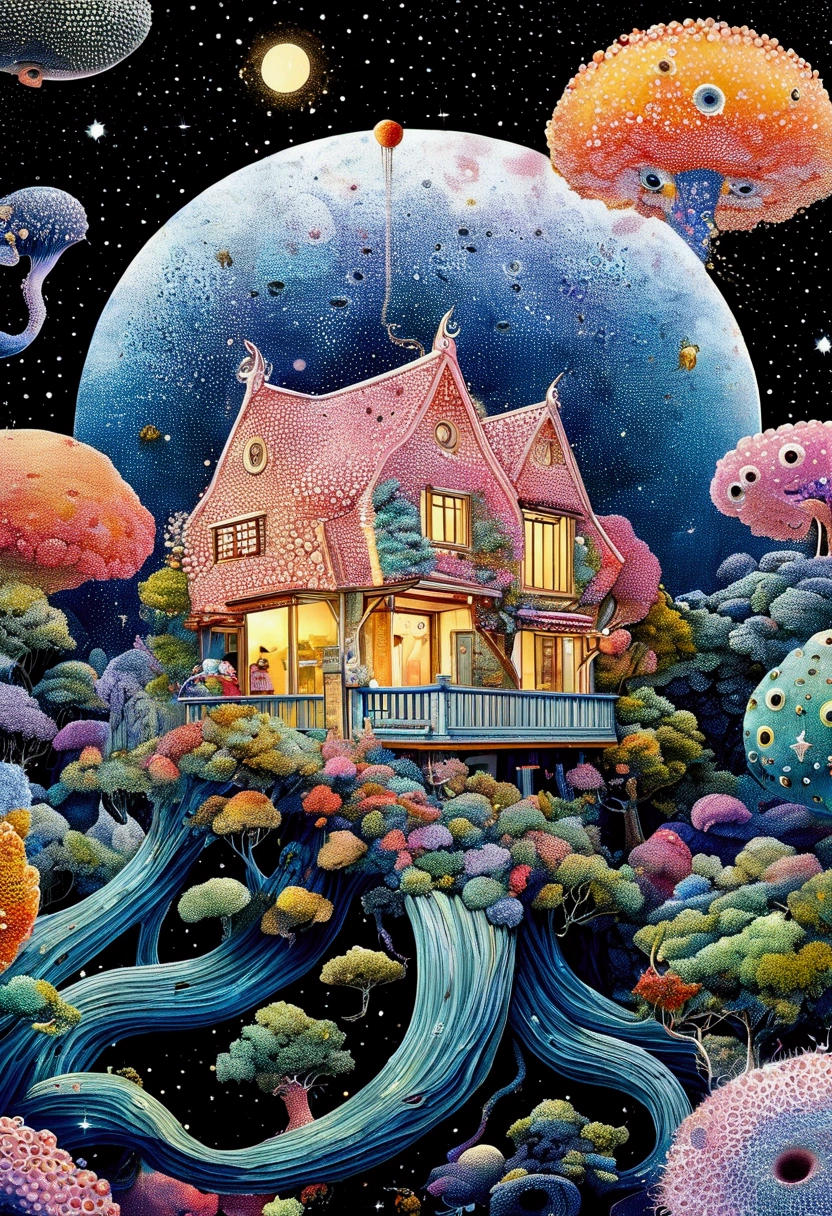 Strong visual fusion of multiple elements，Broto，来自Star的艺术家，house：1.37、Eye、Star、cloud、Spore powder、Tentacles，Describing the inner world of autistic people，密集Pointillism method。Smooth lines。Strange illustration。Pointillism method。Trypophobia。Strong contrast。Award-winning works。