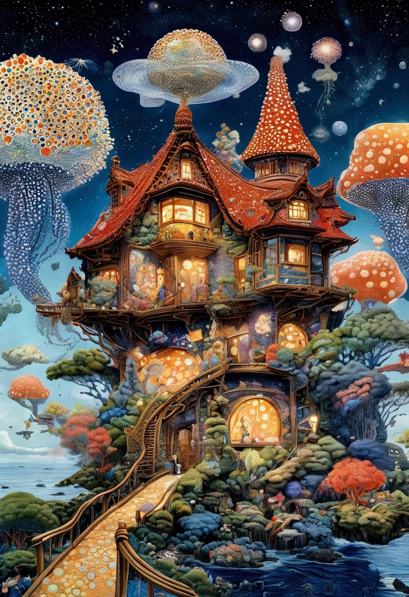 Strong visual fusion of multiple elements,Broto,来自Star的艺术家,house:1.37、Eye、Star、cloud、Spore powder、Tentacles,Describing the inner world of autistic people,密集Pointillism method。Smooth lines。Strange illustration。Pointillism method。Trypophobia。Strong contrast。Award-winning works。