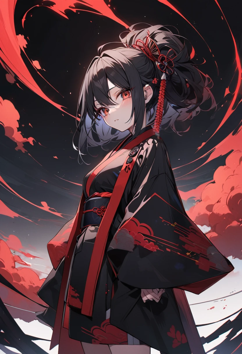 Girl with red cloud motif,Pitch black background,Cyber Design Kimono