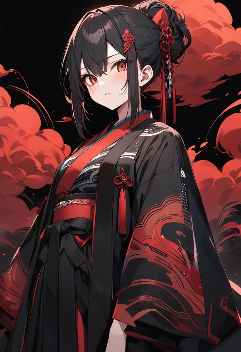 Girl with red cloud motif,Pitch black background,Cyber Design Kimono
