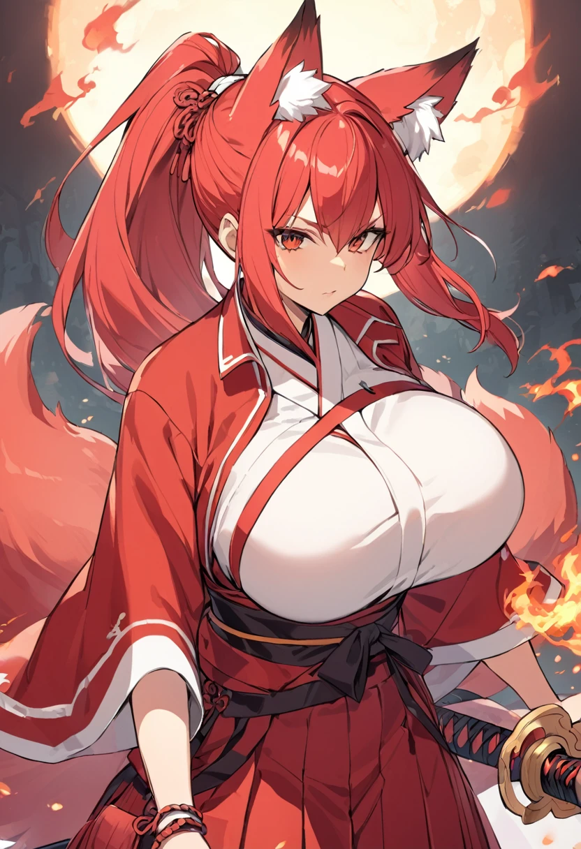 Long red ponytail Red fox ears and nine fox tails Very large bust Hakama with a red jacket Sword Flames Older sister