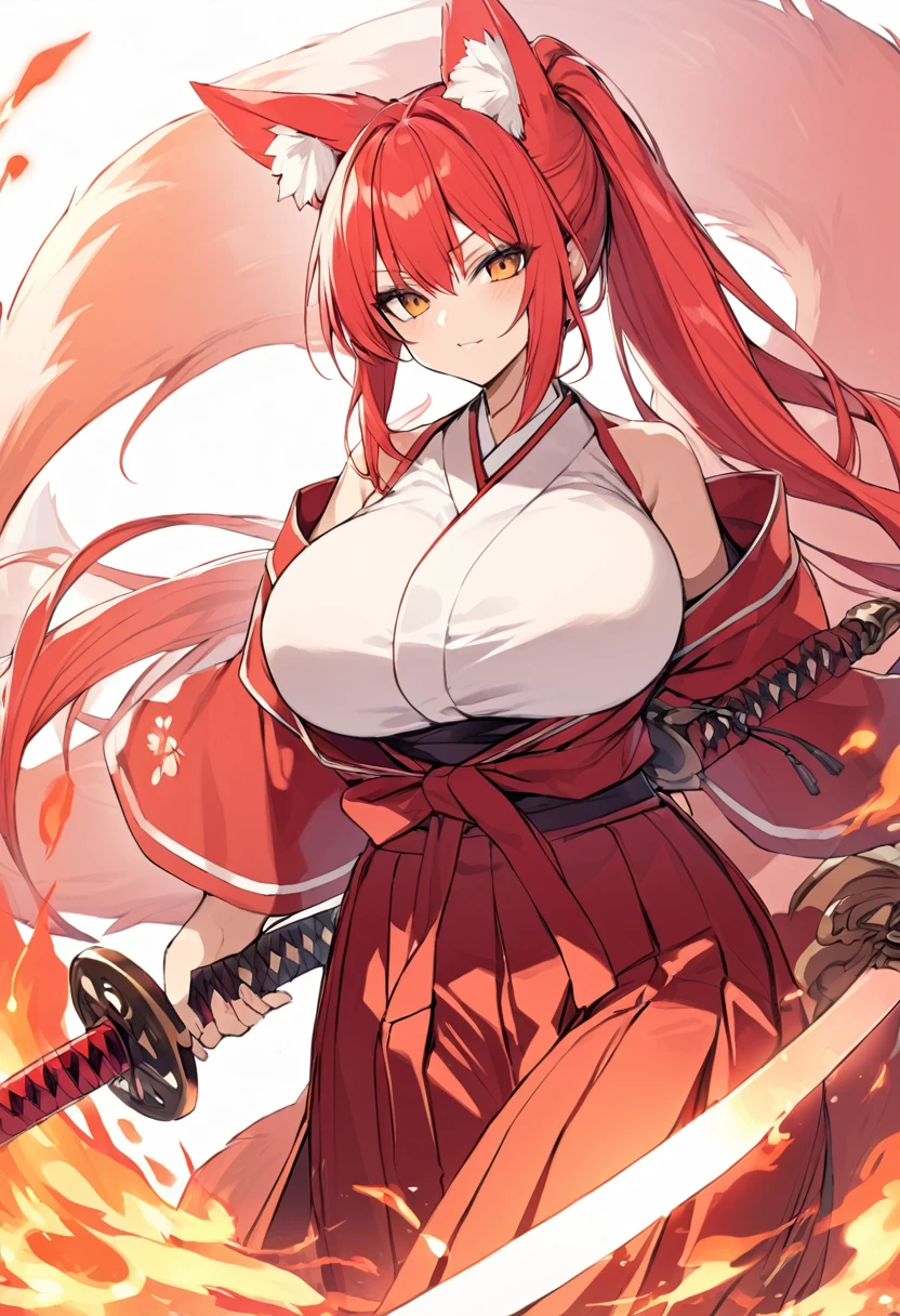 Long red ponytail Red fox ears and nine fox tails Very large bust Hakama with a red jacket Sword Flames Older sister