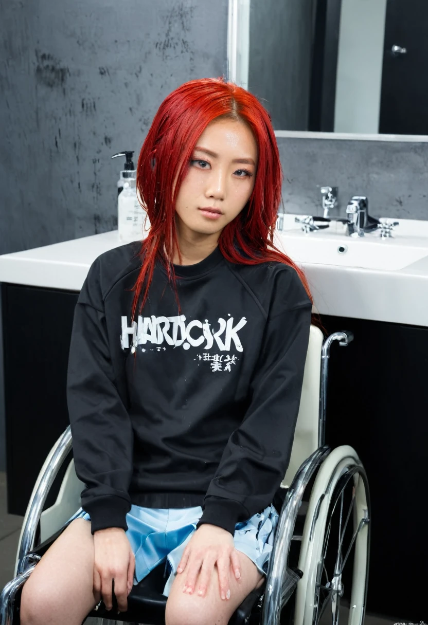 Uhd, photo of Cami, subject: Noriko, 1/2 Japanese 1/2 Hainu skinny girl in 2/00 a large wheelchair with wet long red hair and head resting on a Hairdressing Sink, shampoo foam on hair, blue+++ eyes, oval face, LGBTQIA+, queer, punk style, wearing grey tracksuit treasures and black t-shirt, tattooes. Background: black walls of hairdressers' studio.