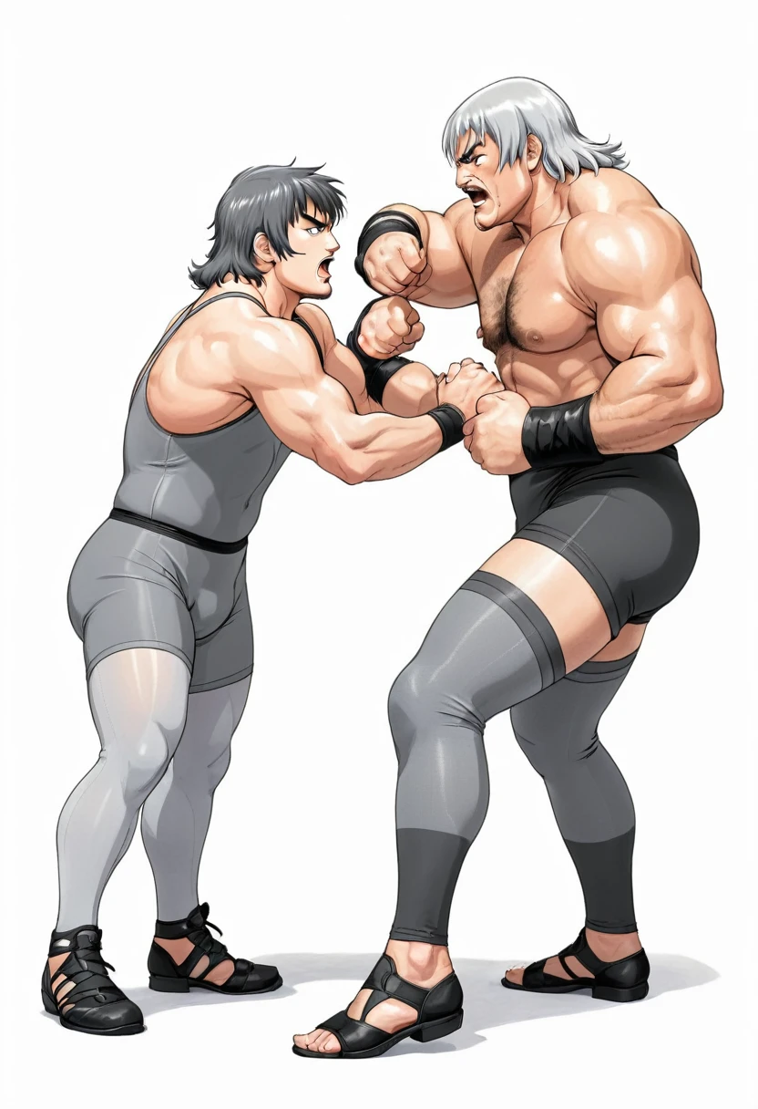 manga, monochrome, white background, middle-aged heel wrestler wearing gray short tights,  wrestler, face each other,