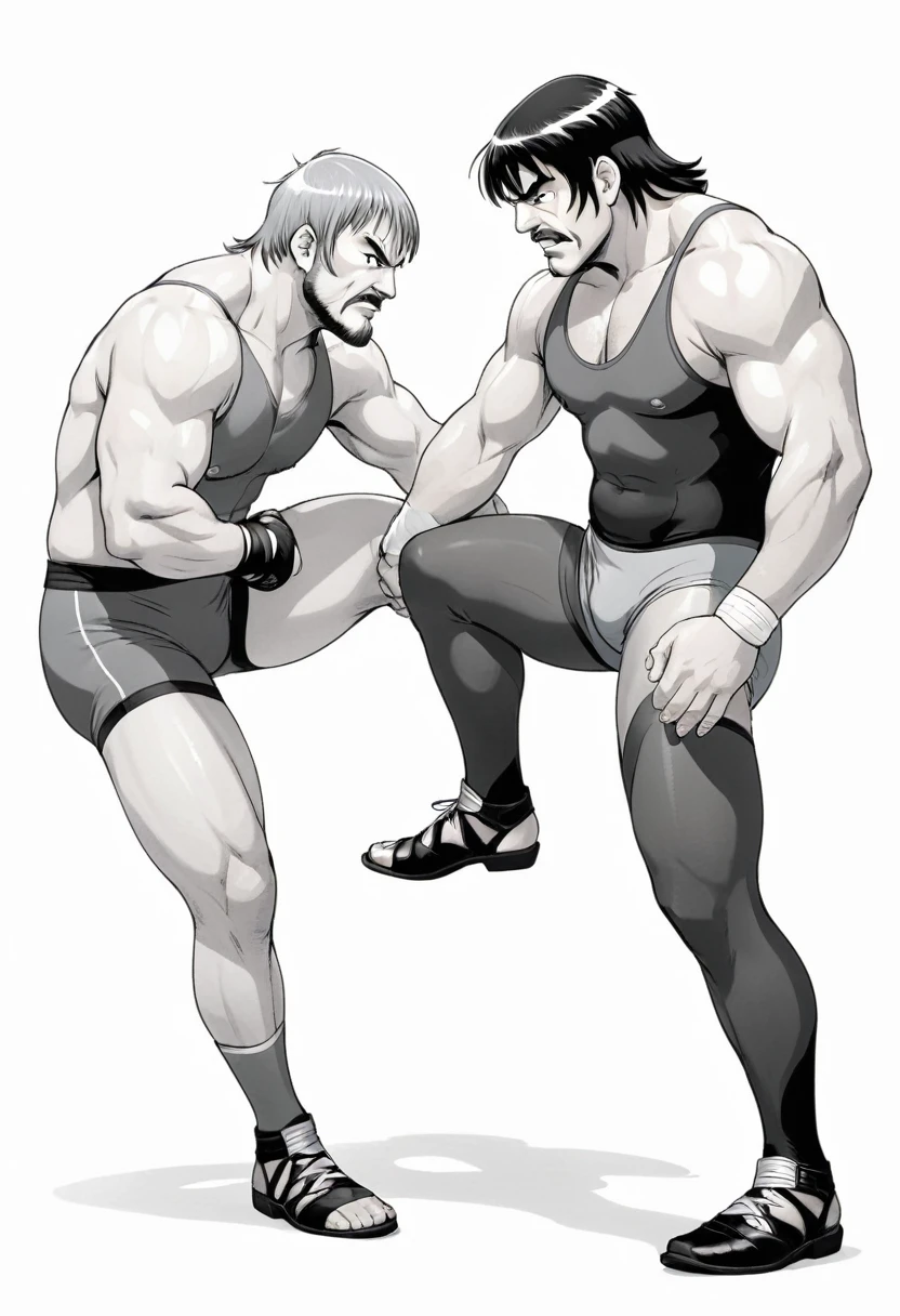 manga, monochrome, white background, middle-aged heel wrestler wearing gray short tights, wrestler, face each other,