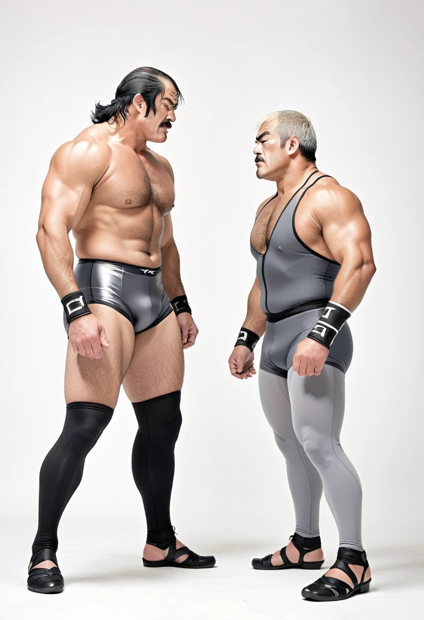 manga, monochrome, white background, middle-aged heel wrestler wearing gray short tights, wrestler, face each other,